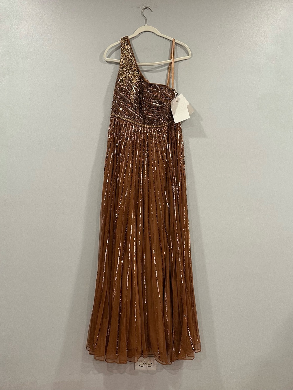 Mac Duggal 5220 Copper Embellished One Shoulder A-Line Gown Sz 12